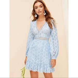 Plunging neck lace insert eyelet embroidery dress